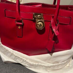 Michael Kors Hamilton Large Genuine Leather Tote Shoulder Bag Red